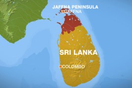 Map of Sri Lanka showing Jaffna and Colombo