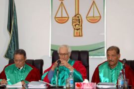 Judges of Libya's supreme court listen 20 June 2007 in Tripoli