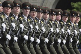 Russian soldiers march in Red Square on Victory Day