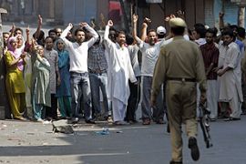 Kashmiri Muslim supporters of senior separatist leader shout pro-freedom slogans in Srinagar
