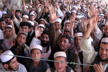 Pakistani crowd listening about drone strikes