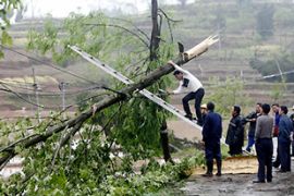 People clear away a damaged tree at the tornado-hit Dianjiang County in Chongqing municipality