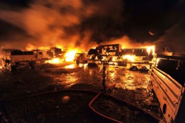 Burning NATO convoy in Pakistan