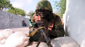 African Union peacekeepers secure the streets of Mogadishu, Somalia