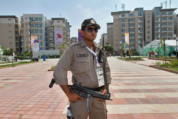 Indian police standing guard