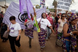 Women participate in a march dubbed World March of Women in Bukavu