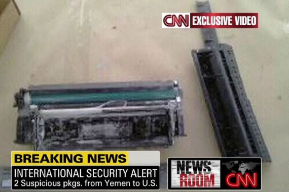 Ink cartridge and circuitboard of explosive pakcages sent from Yemen