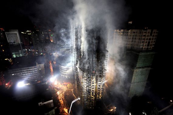 Shanghai building burning at night