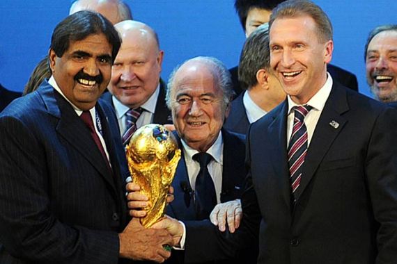 Emir of the State of Qatar Sheikh Hamad bin Khalifa Al-Thani (L), Fifa President Joseph Blatter (C) and Russia''s Deputy Prime Minister Igor Shuvalov pose with the World Cup following the announcement that Russia and Qatar will host the 2018 and 2022 World Cups on December 2, 2010 at the FIFA headquarters in Zurich.