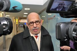 Prominent Egyptian reform campaigner ElBaradei talks to journalists before leaving Vienna to Cairo at the Vienna airoirt