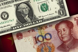 US one dollar bill and China 100 yuan note