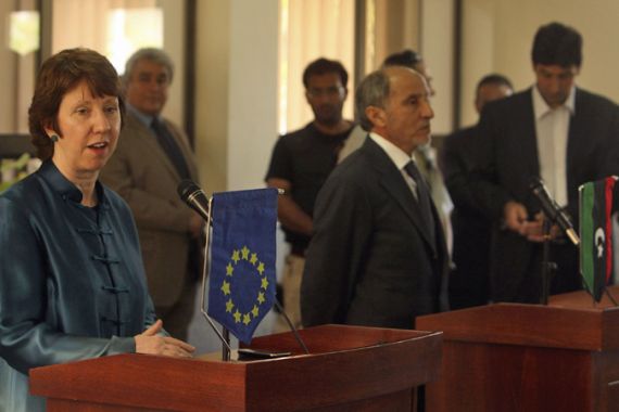 European Union foreign policy Chief Catherine Ashton speaks during a news conference with Mustafa Abdel Jalil, chairman of the Libyan National Transitional Council, during her visit in Benghazi