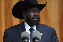 South Sudan President Salva Kiir speaking during a press conference at the presidential guesthouse in Juba on May 26, 2011 [Paul Banks/AFP Photo]