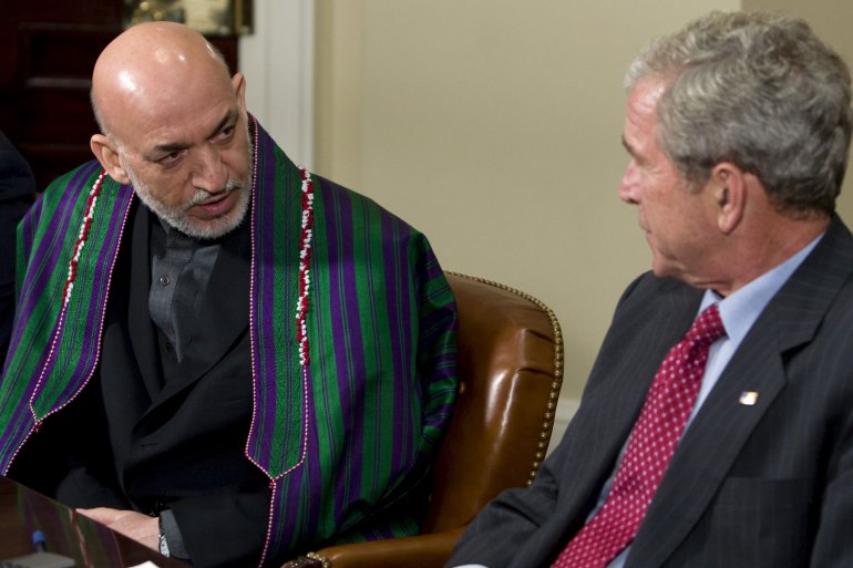 President Bush and Afghan president Hamid Karzai