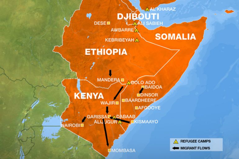 East Africa famine, drought, refugee camp map - somalia, ethiopia, kenya, djibouti