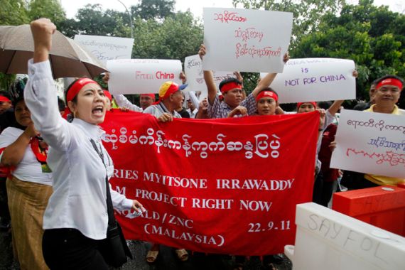 A group of Myanmar activists on Thursday staged a protest against the Myitsone