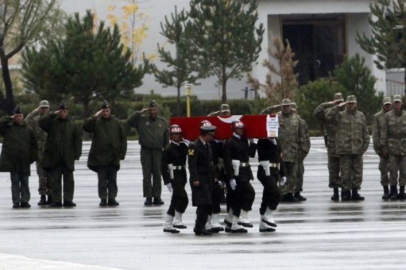 Soldiers carry a coffin containing the body of a Turkish soldier towards a waiting plane in Van October 20, 2011. The soldier was one of 24 soldiers killed in an attack by PKK Kurdish rebels in southeastern Turkey on Wednesday. REUTERS