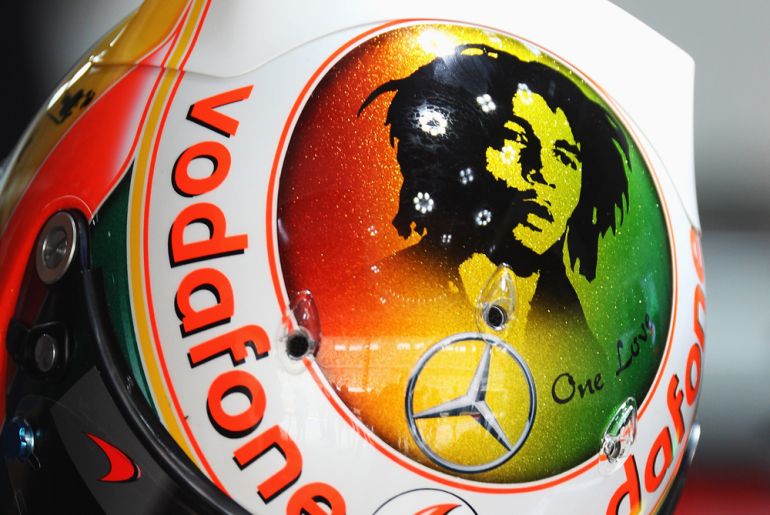 Bob Marley helmet Lewis Hamilton