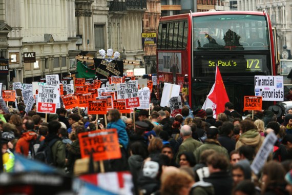 November 5, 2001, London. Hundreds of demonstrators on Saturday marched from St. Paul cathedral to Trafalgar Square to protest against financial greed and corruption, on the wave of the Occupy Wall Street movement. A breakaway group headed instead for the area outside the Houses of Parliament. [Mariagrazia Petito Di Leo/Al Jazeera]