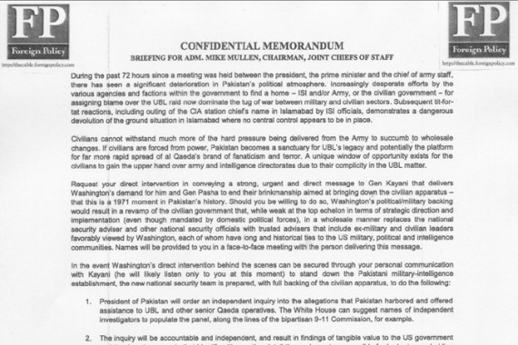 Image of alleged Memo from Pakistan''s "Memogate" scandal