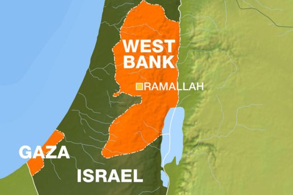Map of Ramallah showing Gaza, West Bank and Israel