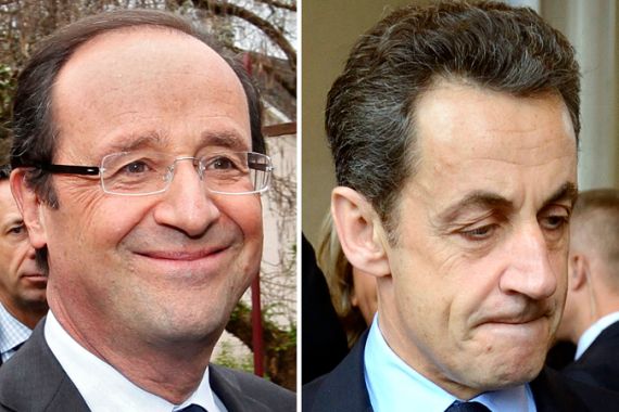 A combo photo shows, Francois Hollande (L), Socialist party candidate, and Nicolas Sarkozy, France''s incumbent president and UMP party candidate photographed earlier during the first round 2012 French presidential election April 22, 2012. Early estimations show Socialist challenger Hollande and incumbent Sarkozy are set to contest a French presidential run-off in two weeks. REUTERS/Jacky Naegelen (L) and REUTERS/Eric Feferberg/Pool (R) (FRANCE - Tags: POLITICS ELECTIONS)