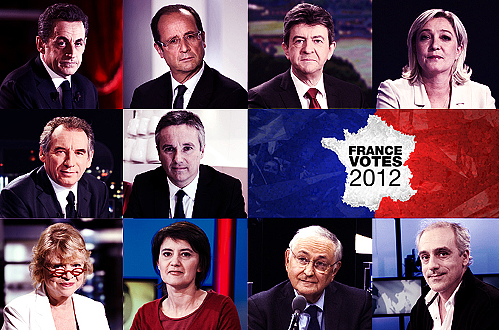 The candidates for France's presidential election rom top left: Sarkozy, Hollande, Mélenchon, Le Pen, Bayrou, Cheminade, Joly, Arthaud, Dupont-Aignan, Poutou [AFP]
