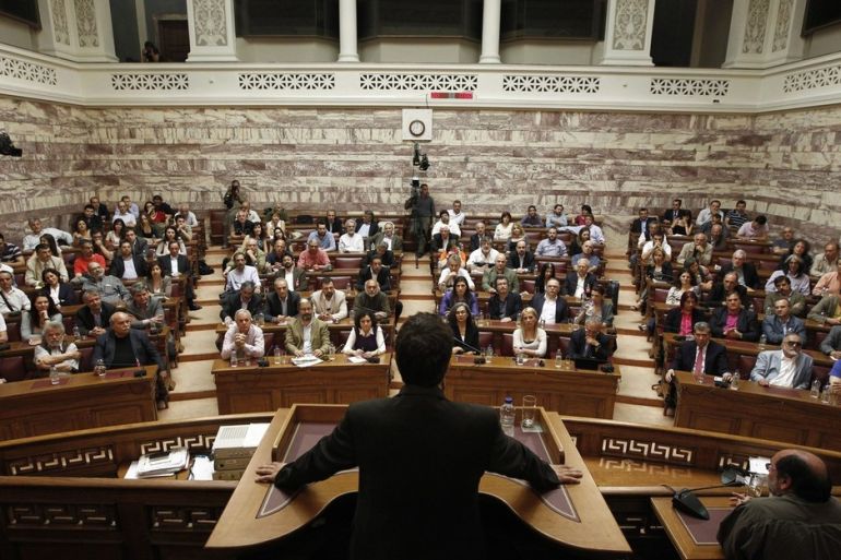 Coalition of the Radical Left (SYRIZA) leader Alexis Tsipras speaks at his party''s parliamentary group in Athens