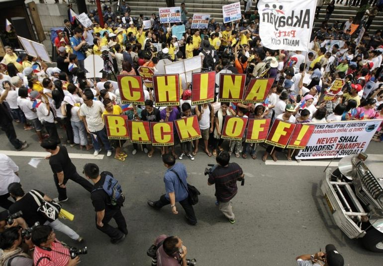 Filipinos gather outside the Chinese Embassy to protest China''s alleged bullying of the Philippines over territorial disputes.
