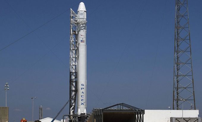 SpaceX Falcon 9 test rocket is being prepared for launch from Complex 40 at Cape Canaveral Air Force Station in Florida