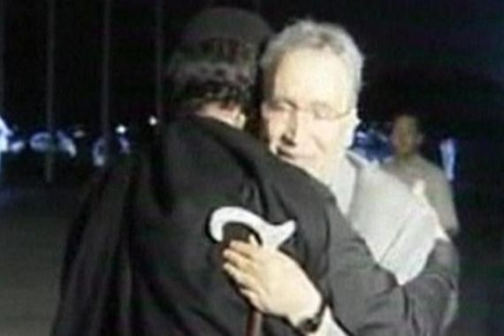 Video grab of Libyan leader Muammar Gaddafi hugging convicted Lockerbie bomber Abdel Basset al-Megrahi in Tripoli