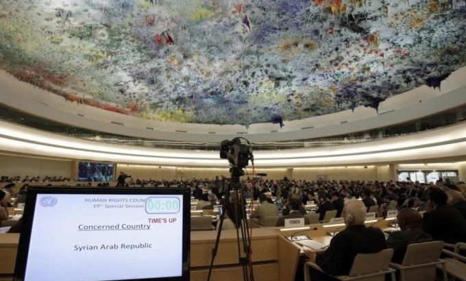 View of the Human Rights Council special session on the situation in Syria at the United Nations European headquarters in Geneva