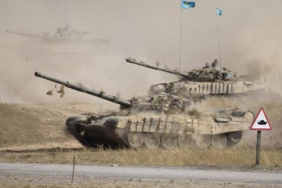 Kazakhstan Army tanks drive during the