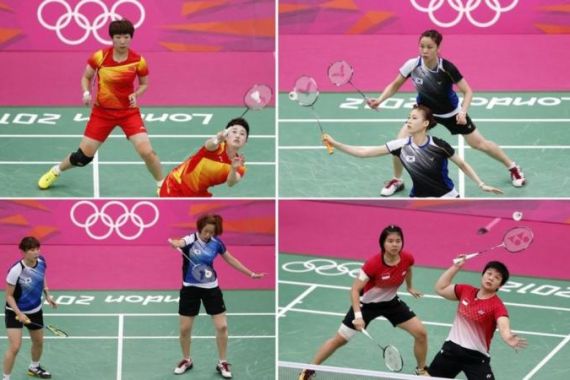 Combo photo of the women''s doubles pair of China''s Wang and Yang, South Korea''s Jung and Kim, Indonesia''s Polii and Jauhari and South Korea''s Ha and Kim during their matches during the London 2012 Olympics