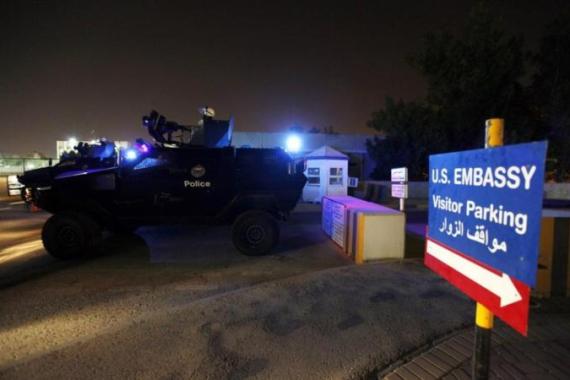 Bahrain''s riot police armoured personnel carriers guard the U.S. embassy in Manama