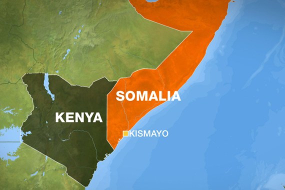 Kenya and Somalia map with Kismayo highlighted