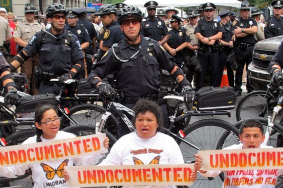Immigration reform protesters at DNC 2012 [Charles McDermid/Al Jazeera]