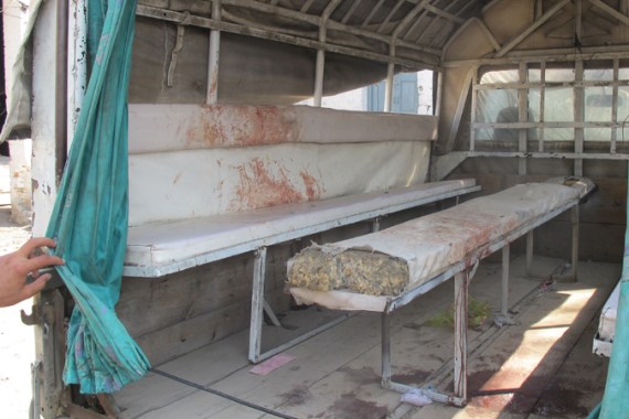 The inside of the van where Malala Yousafzai, Kainat Riaz and Shazia Ramazan were shot [Asad Hashim/Al Jazeera]