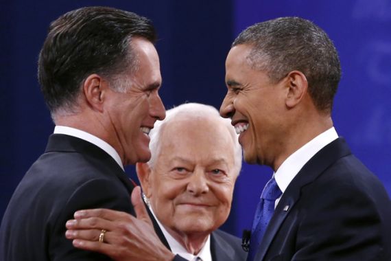 U.S. President Barack Obama (R) and Republican presidential nominee Mitt Romney