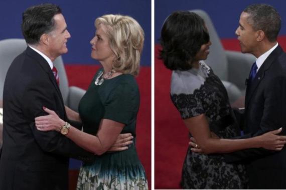 Combo of U.S. Republican presidential candidate Romney and President Obama with their wives at the conclusion of the final U.S. presidential debate with U.S. President Obama in Boca Raton