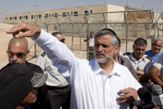Interior Minister Eli Yishai at new Saharonim detention facility in Negev Desert where African immigrants held