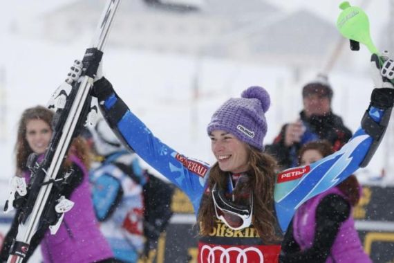 Maze of Slovenia celebrates after winning the women''s Alpine skiing World Cup Super Combined race in St. Moritz
