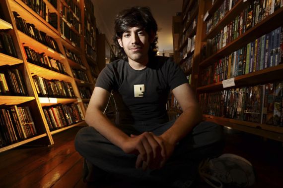 Aaron Swartz poses in a Borderland Books in San Francisco