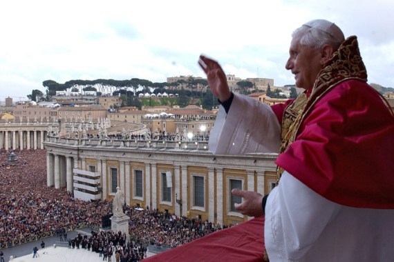 A file picture dated 19 April 2005 shows then newly elected Pope Benedict XVI greeting pilgrims