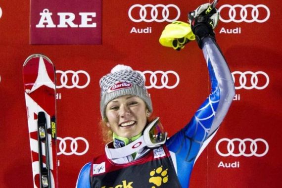 Shiffrin of the U.S. celebrates on the podium after winning the FIS Alpine Ski World Cup women''s slalom in Are