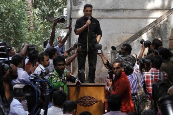Actor and film-maker Kamal Haasan speaks with the media at his office premises in Chennai