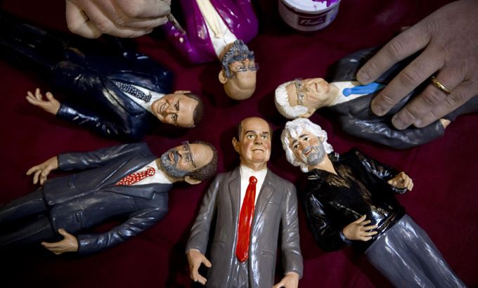Figurines representing the main candidates of the upcoming Italian general election