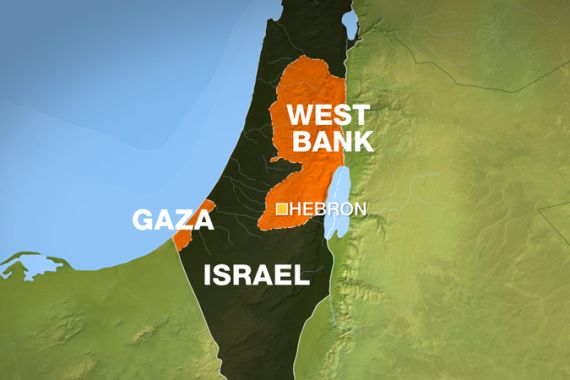 Map showing Hebron, Gaza, West Bank and Israel
