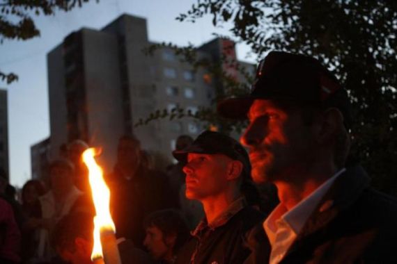 File photo shows supporters of the Hungarian far right Jobbik party march during a demonstration at the infamous Avas apartment projects in Miskolc