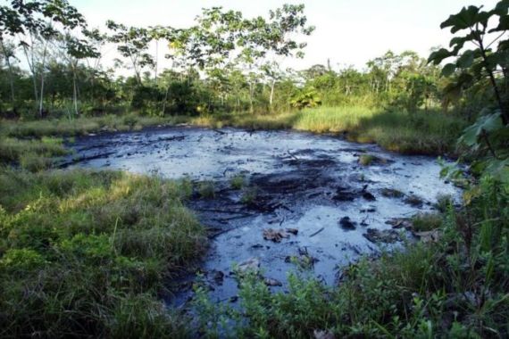 A waste pit filled with crude oil left by Texaco drilling operations years earlier lies in a jungle clearing near the Amazonian town of Sacha Ecuador